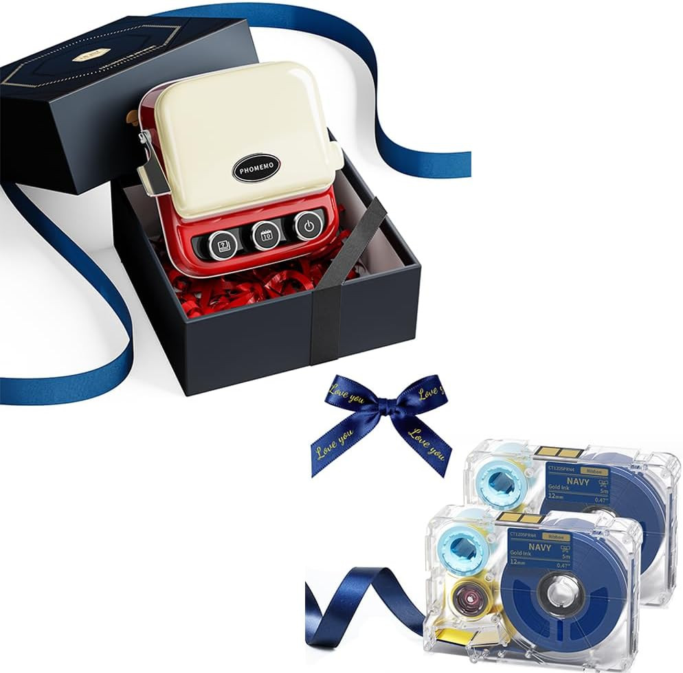 P15 Label Maker with 2 Navy Satin Ribbon and 1 White Tape for Gift Wrapping