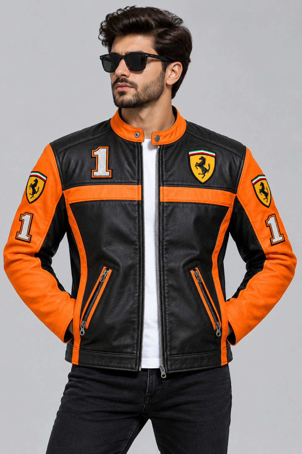 Men\'s Leather Racing Jacket: Biker Motorcycle Style, Grand Prix Patches