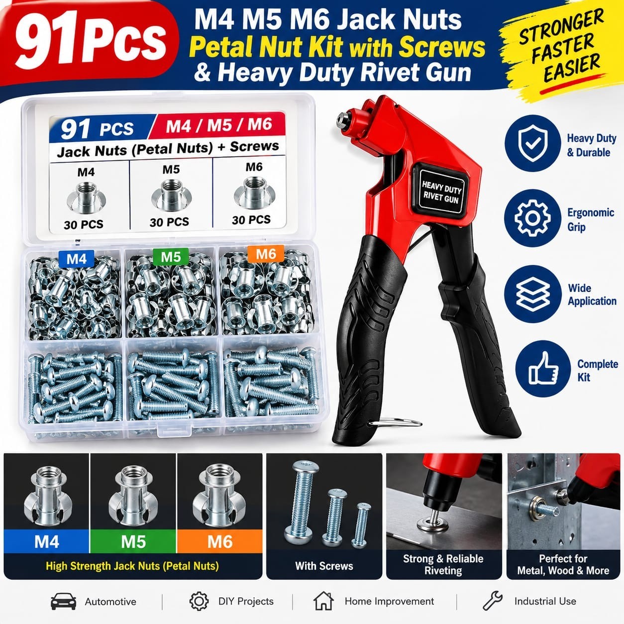 91Pcs M4 M5 M6 Jack Nuts Petal Nut Kit with Screws & Heavy Duty Rivet Gun 91Pcs M4 M5 M6 Jack Nuts Petal Nut Kit with Screws & Heavy Duty Rivet Gun