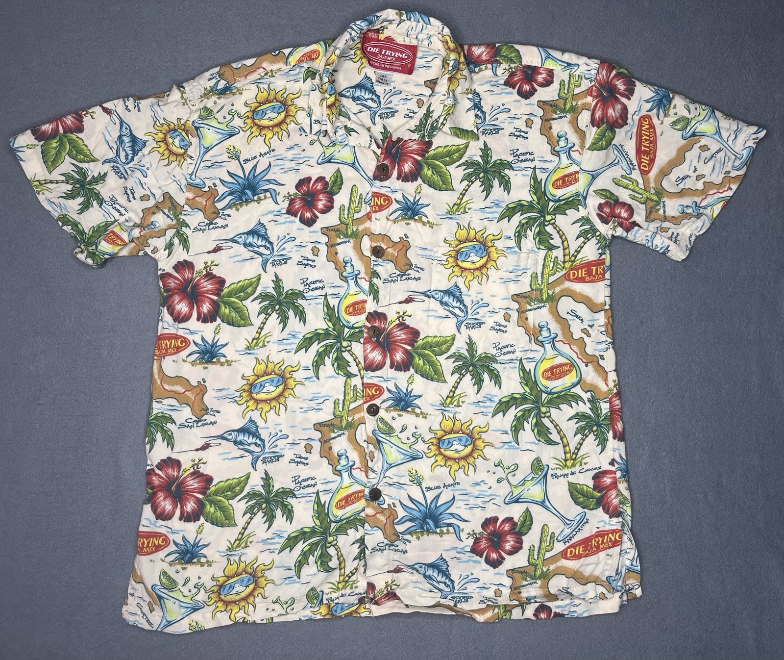 Vintage Die Trying Baja Mex Mens Sz Large  Hawaiian Short Sleeve Button Up Shirt