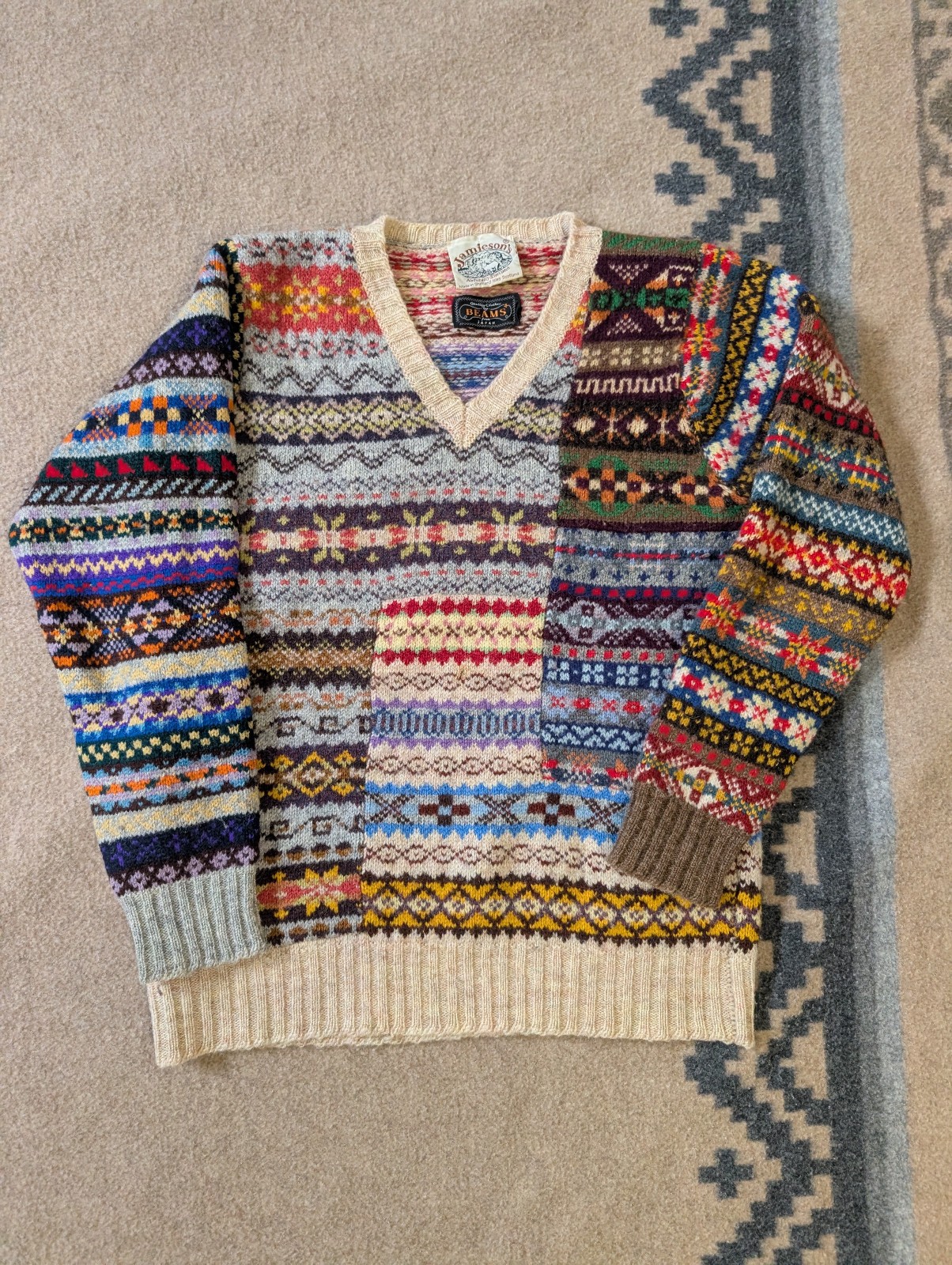 BEAMS Plus x Jamieson\'s of Shetland Fair Isle Patchwork V Neck Sweater JP Medium