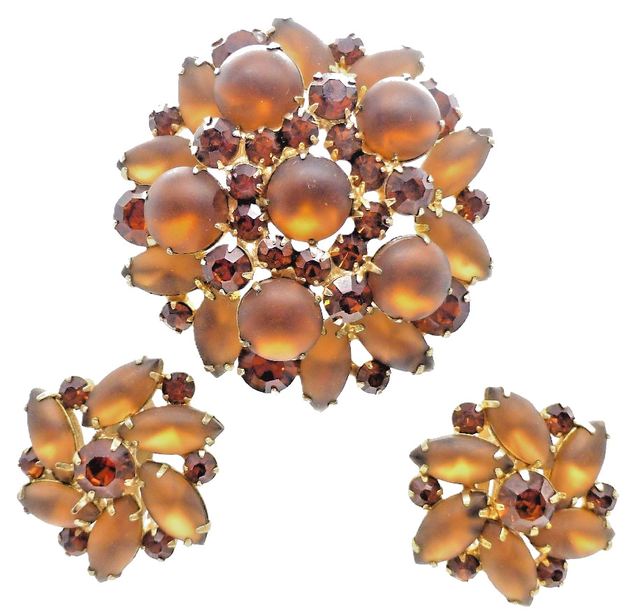 VTG JULIANA Brooch Earrings by Delizza and Elster Verified Brown Frosted Stones