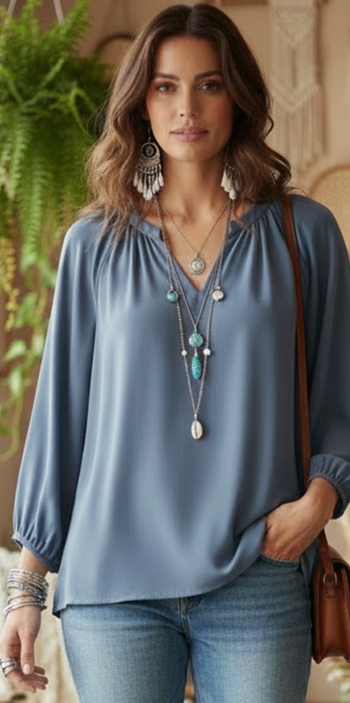 Lucky Brand Stretchy Soft Women's Boho Peasant SandWash Dusty Blue Top Blouse Lucky Brand Stretchy Soft Women's Boho Peasant SandWash Dusty Blue Top Blouse
