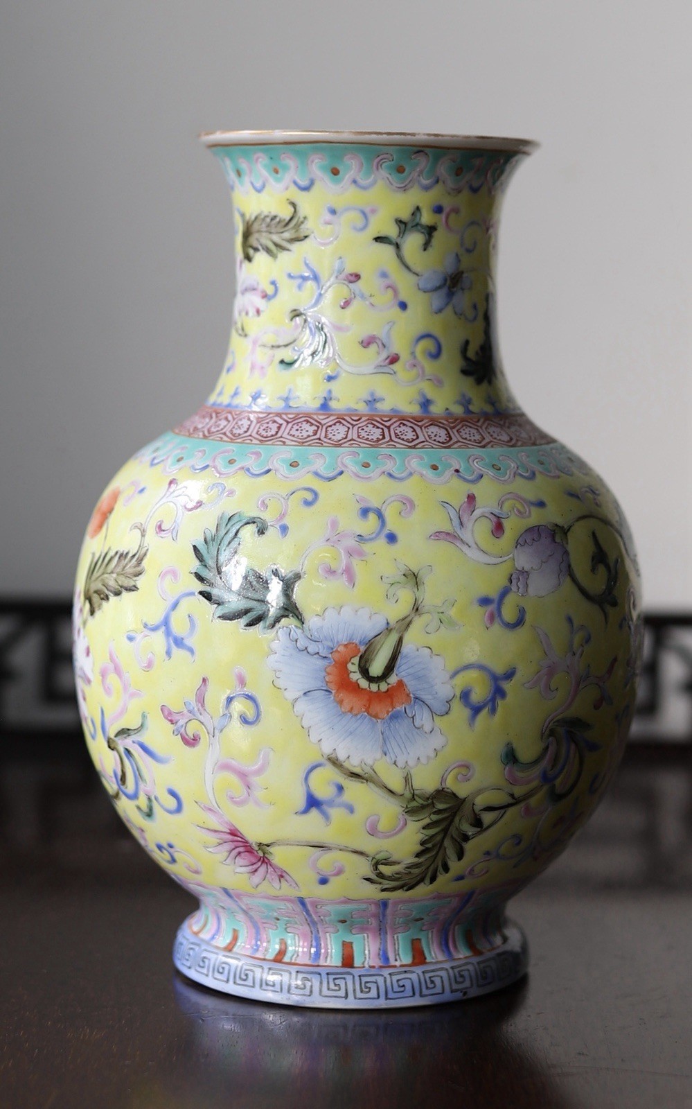 Chinese Yellow-Ground Famille Rose Fencai Vase Qianlong Mark c.1900
