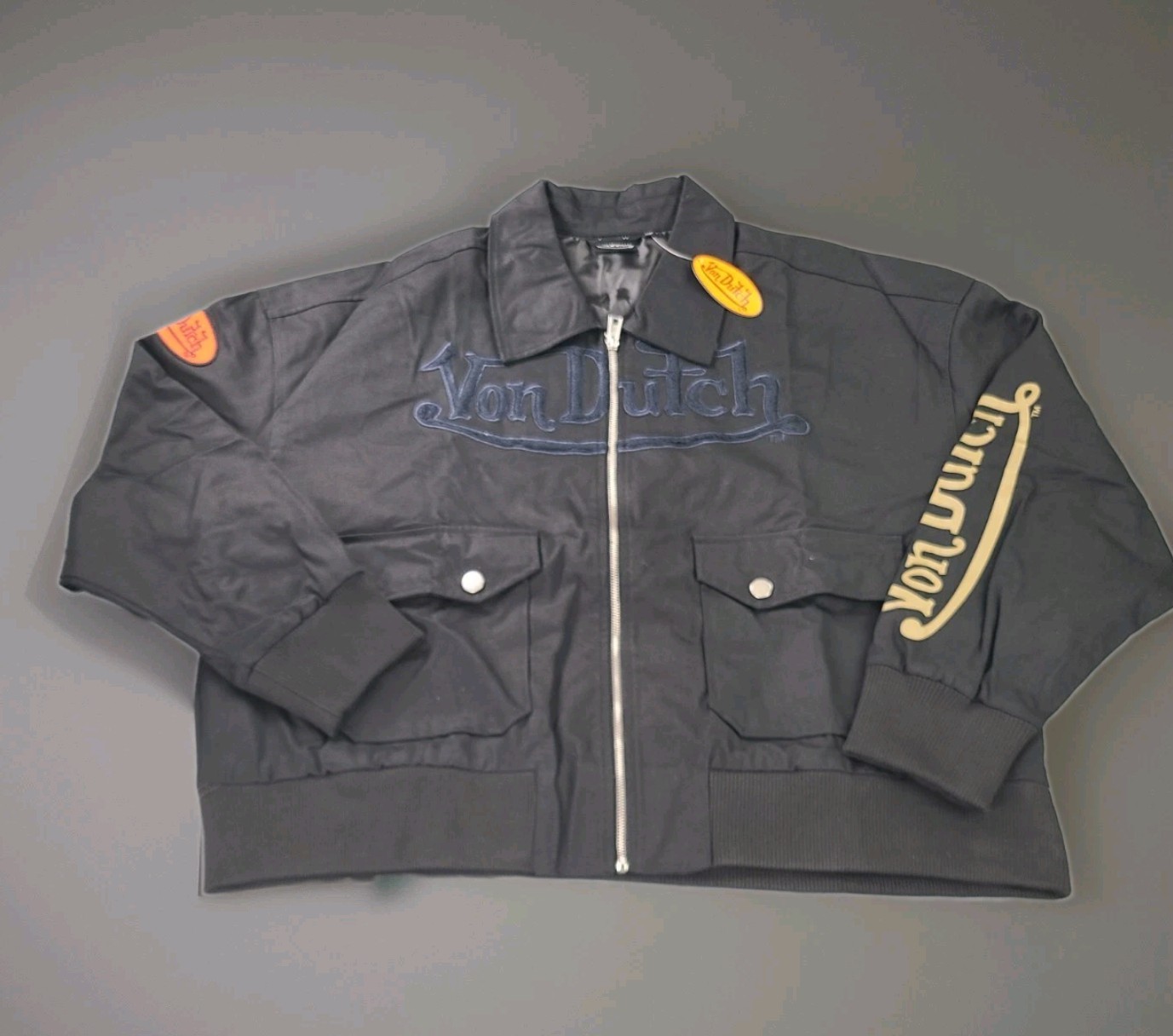 Von Dutch Zip Work Jacket Mens 2XL Black Chenille Logo Embroidered NWT