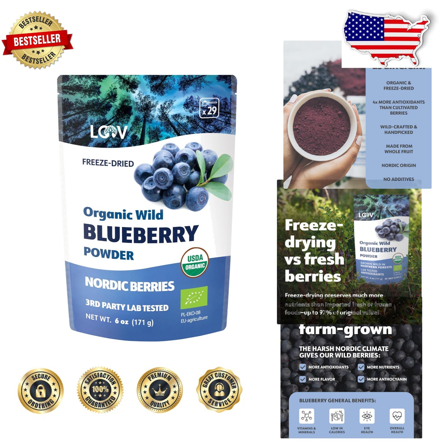 Organic Wild Blueberry Powder 6oz Freeze-Dried Nordic Antioxidant Rich Smooth...