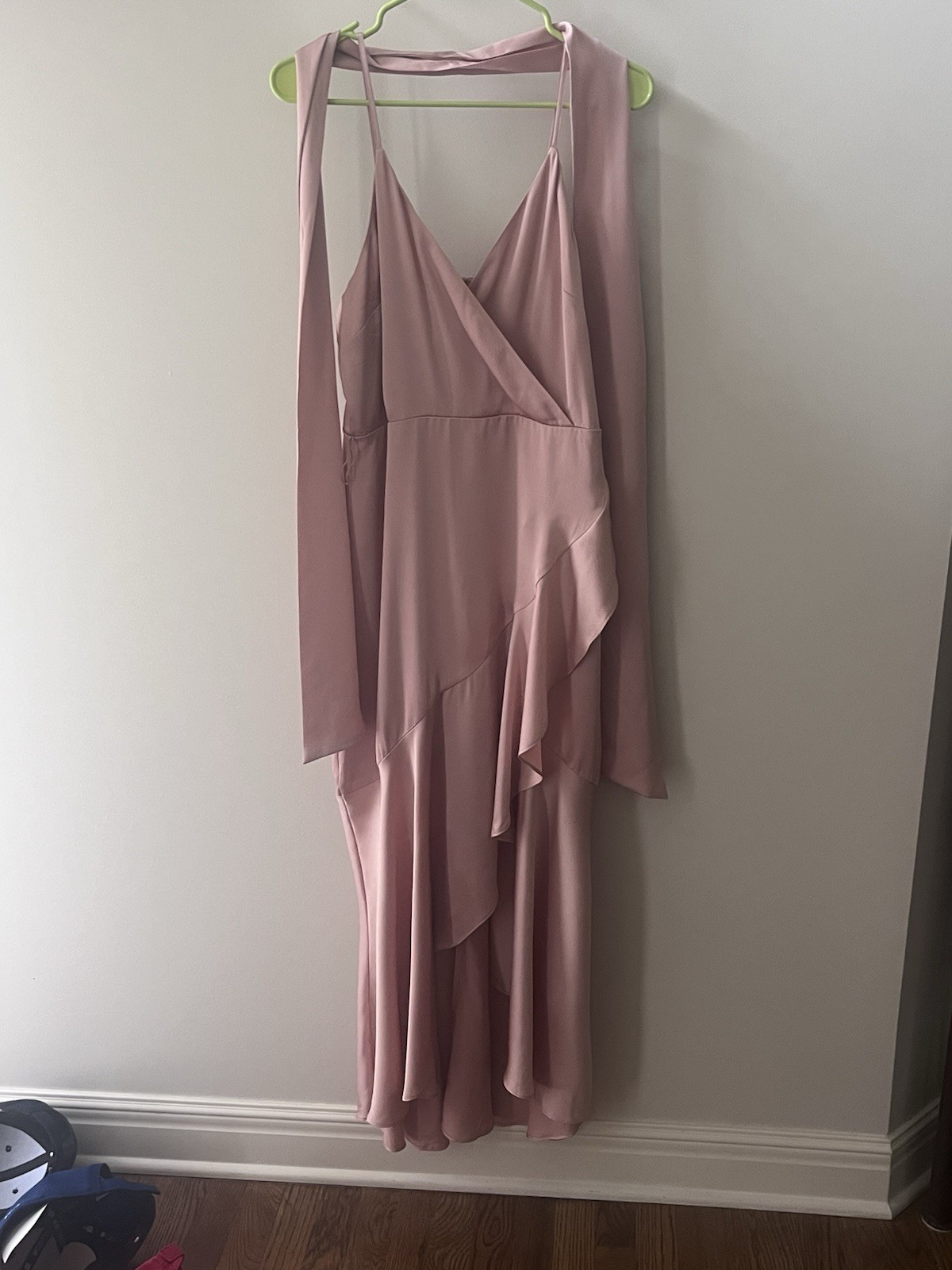 NWT Express Satin Ruffle Wrap Hilo Maxi Dress Blush Pink Size Medium NWT Express Satin Ruffle Wrap Hilo Maxi Dress Blush Pink Size Medium