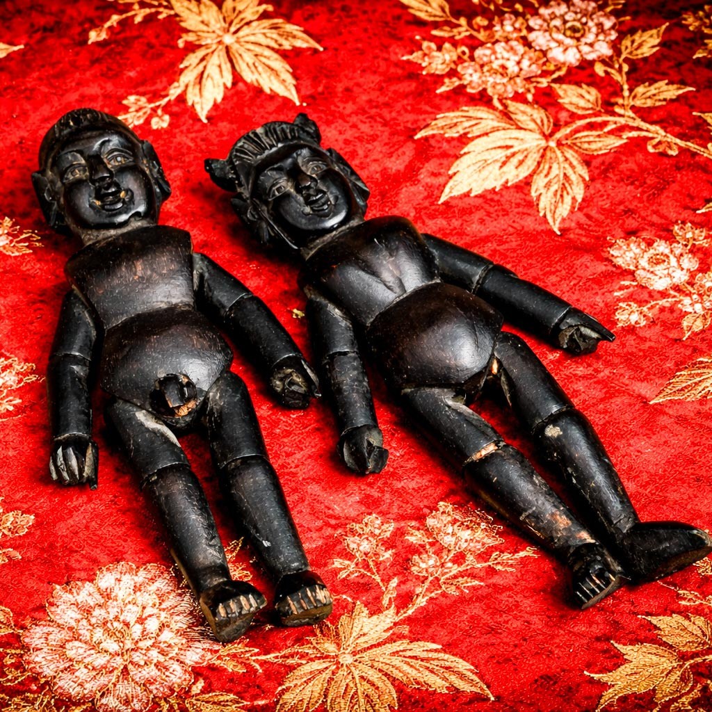 Pair Hand Carved Antique Wood Chinese Fertility Doll Culture Asian Folk Art