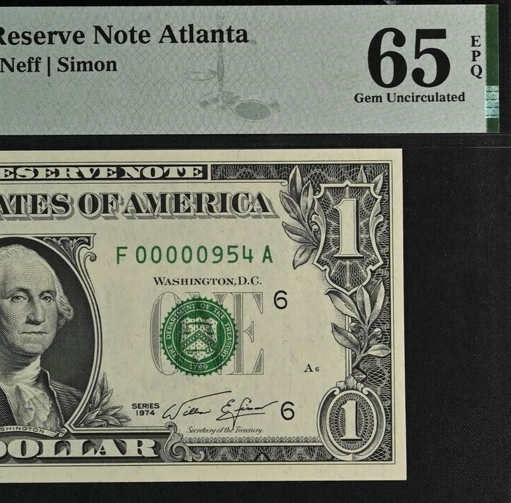 1974 $1 Atlanta FRN PMG 65EPQ gem three digit low serial number 00000954