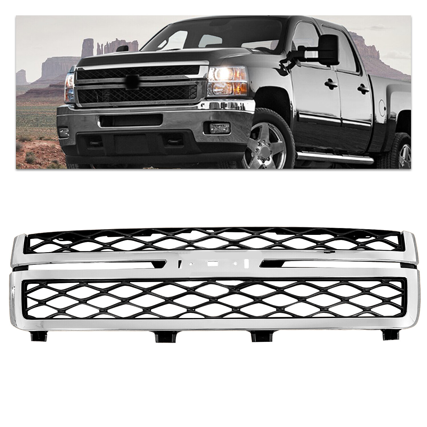 Front Grille For 2011-2014 Chevrolet Silverado 2500 3500 HD Black and Chrome