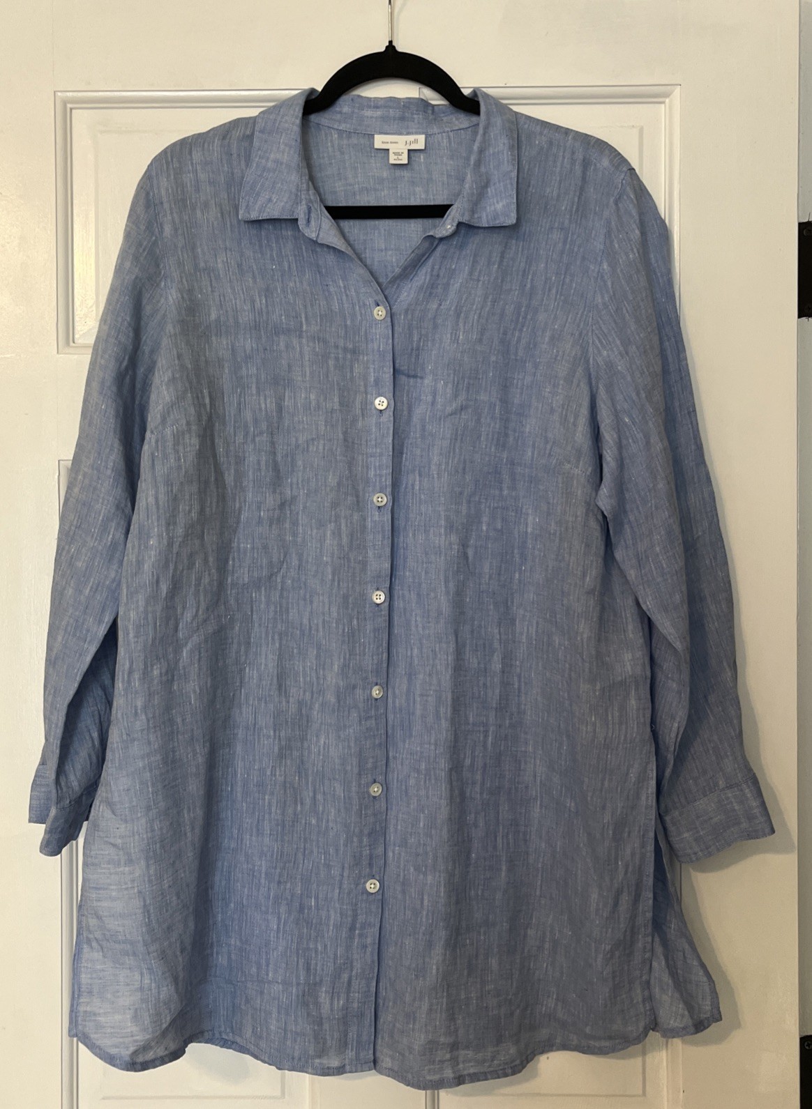 J Jill Linen Shirt Dress Large Petite Blue Cover Up Coastal Beach Minimalist