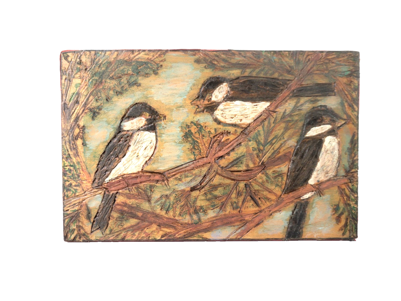 Vintage Songbird Bird Pyrography-Carved Wood Big Cat Tiger on Back Folk Art