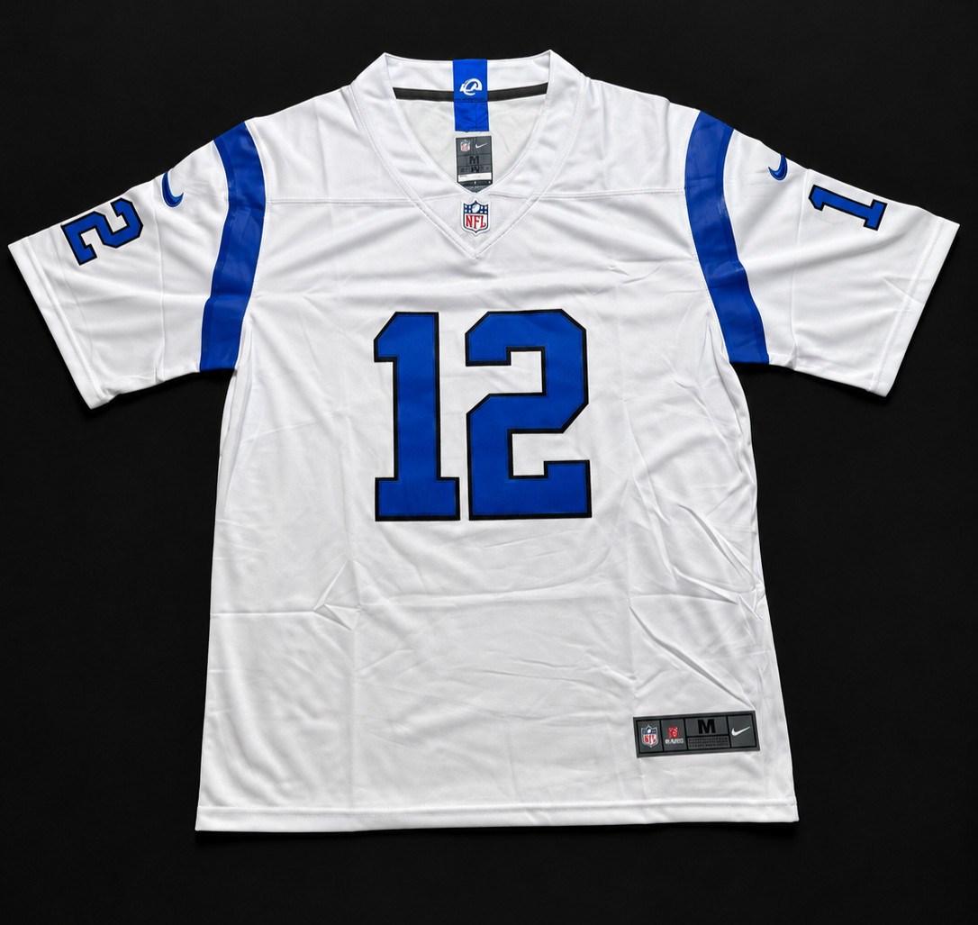 Men’s Puka Nacua #12 Los Angeles Rams Alternate Stitched Jersey White Blue NFL