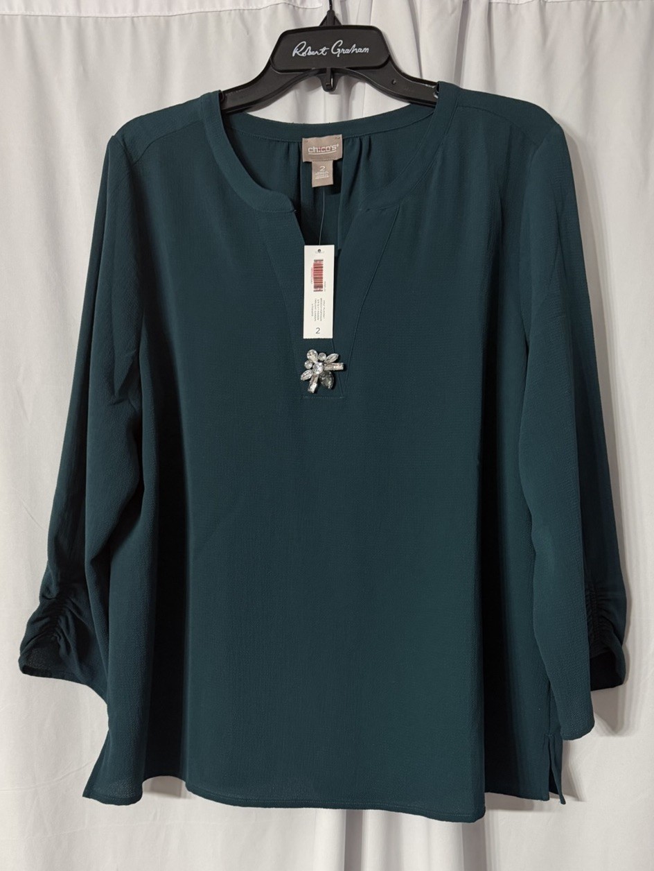 NWT Chicos Womens Half Placket Brooch Popover 3/4 Sleeve Top Blouse Shirt Size 2