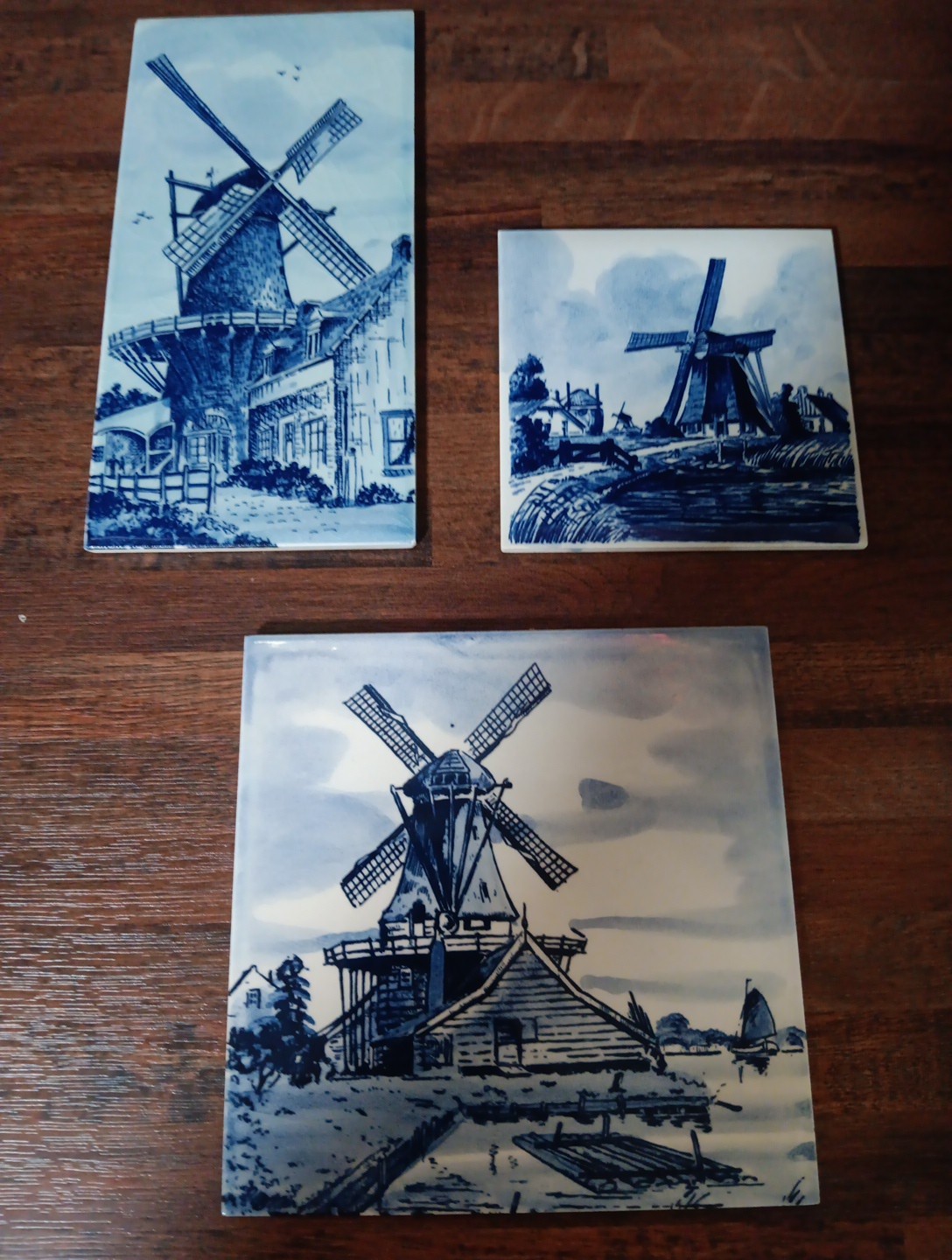 3 Vintage Holland Delft Handpainted Windmill Tiles 3 Vintage Holland Delft Handpainted Windmill Tiles