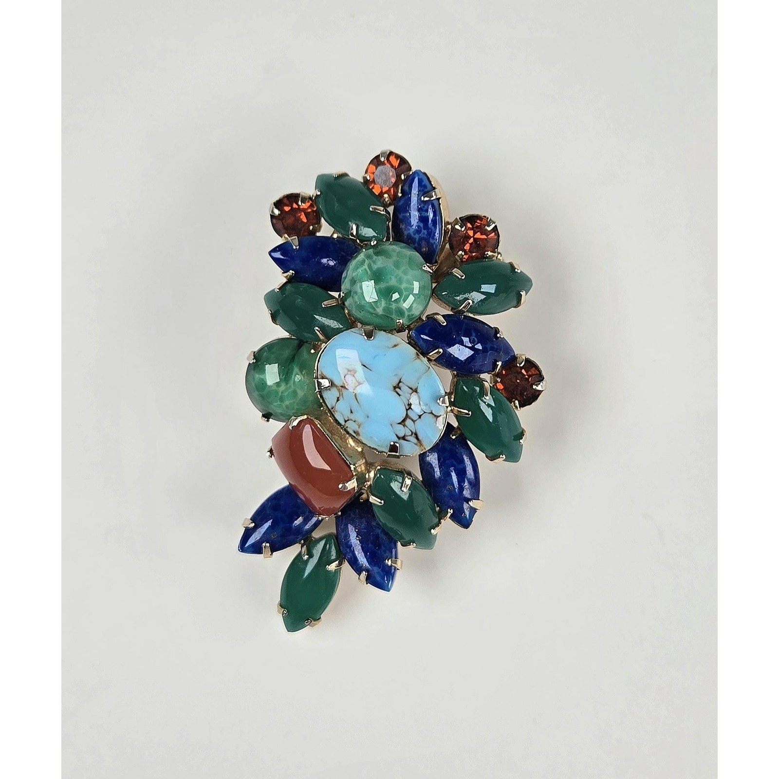 Art Glass Brooch Cluster Green Blue Red Cabochon Rhinestone 1960s Vintage Pin