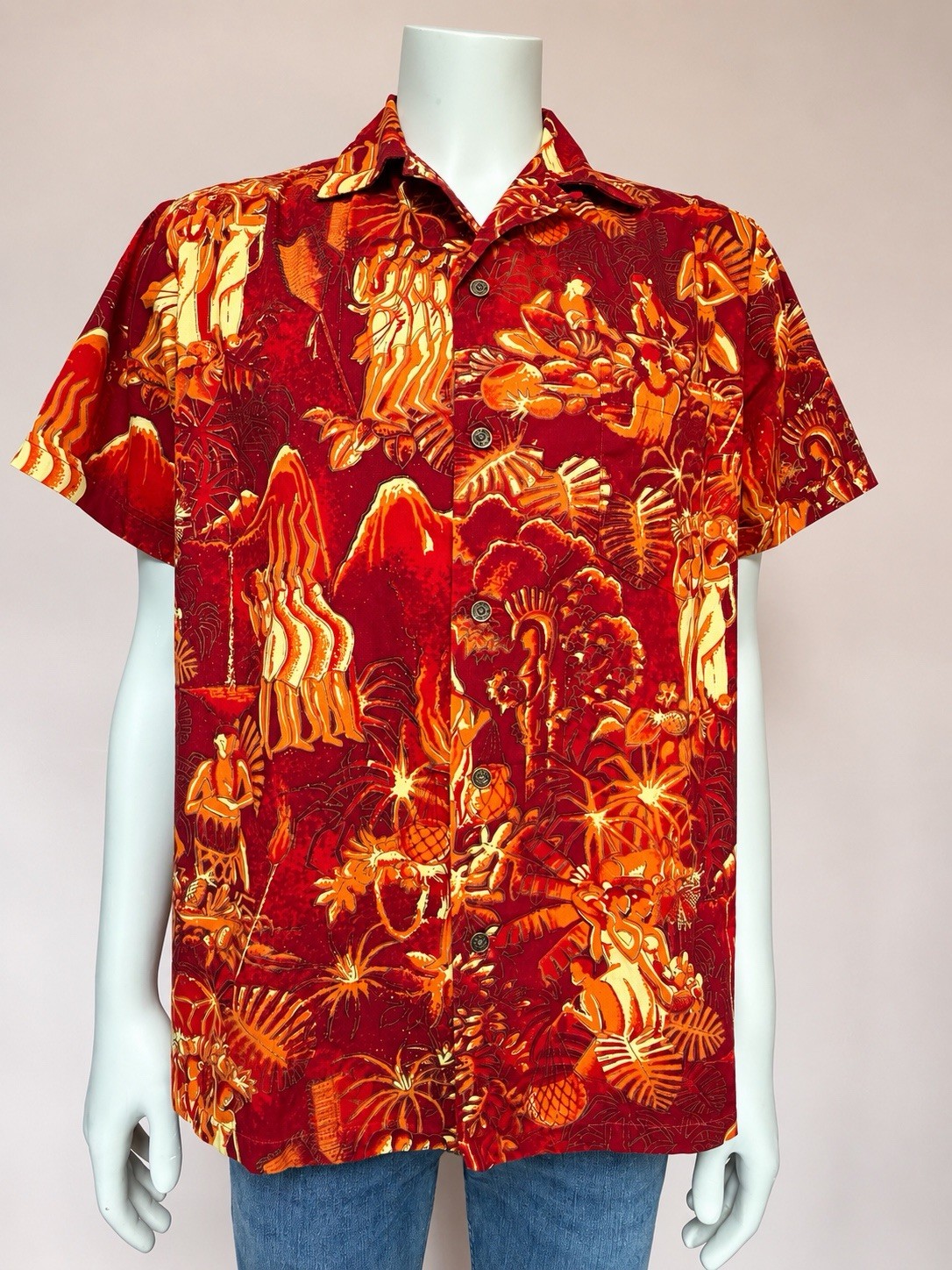 VTG 50s Alfred Shaheen Hawaiian Aloha Shirt Red Luau Loop Collar Coin Buttons M