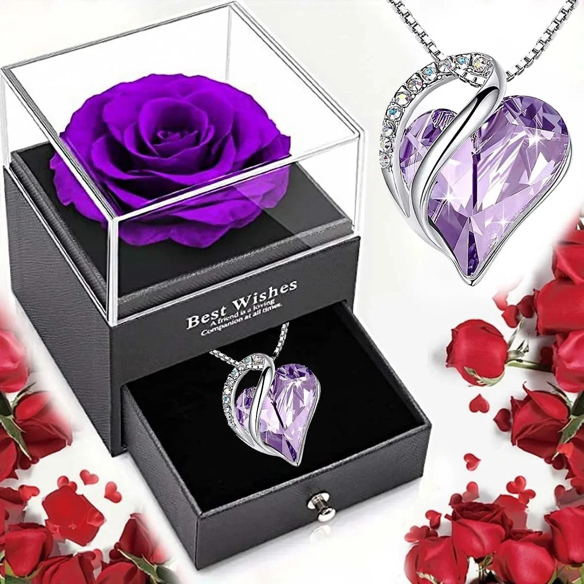 Preserved Eternal Real Rose Flower Gift Box With 14K Gold Plated Silver Necklace