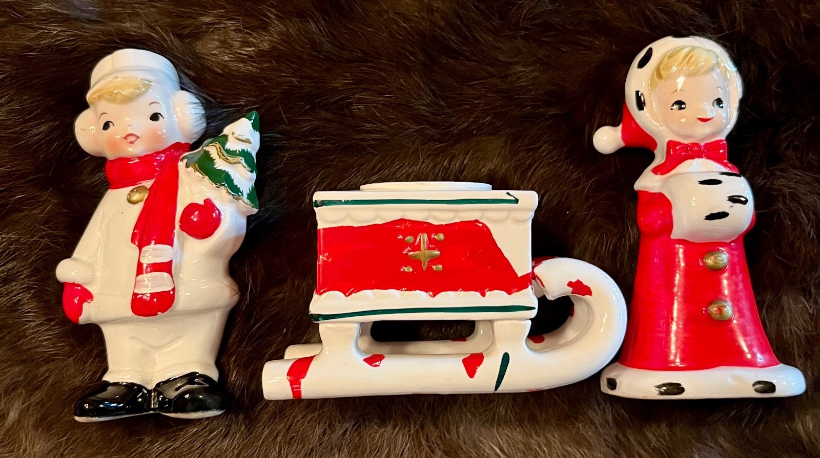 VINTAGE CHRISTMAS BOY & GIRL FIGURINES~50/128/SLEIGH 50/195 TOPLINE JAPAN VINTAGE CHRISTMAS BOY & GIRL FIGURINES~50/128/SLEIGH 50/195 TOPLINE JAPAN