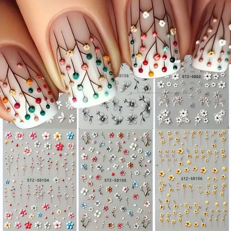 6PCS 5D Embossed Daisy Nail Stickers Shiny Self-Adhesive DIY Nail Glam Kit