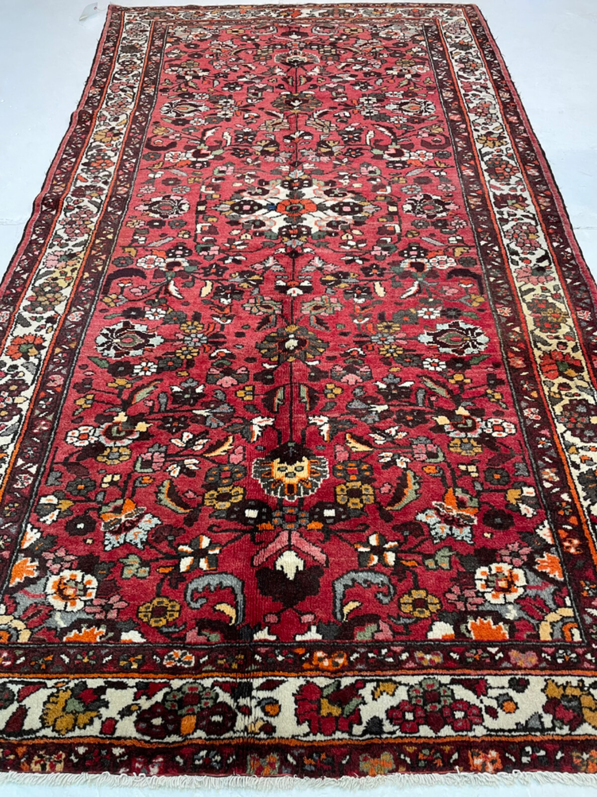 Antique Oriental Hand-Knotted Wool Gallery Size Red/Ivory/Blue/Green 5\'4\