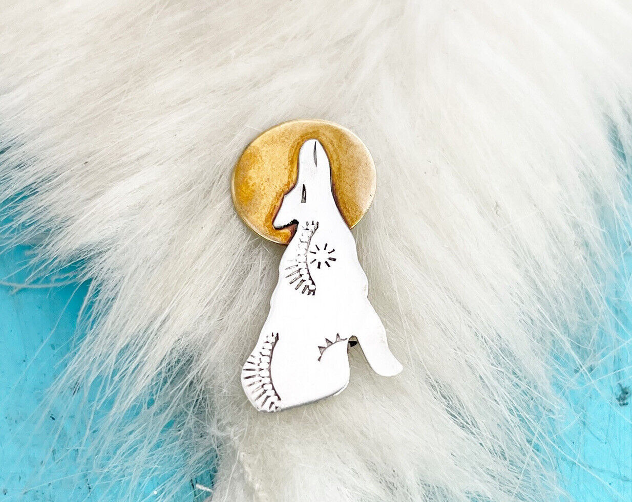 Signed Annie Chapo Howling Wolf Moon Brooch Pin Sterling Silver Gold Vermeil 925 Signed Annie Chapo Howling Wolf Moon Brooch Pin Sterling Silver Gold Vermeil 925