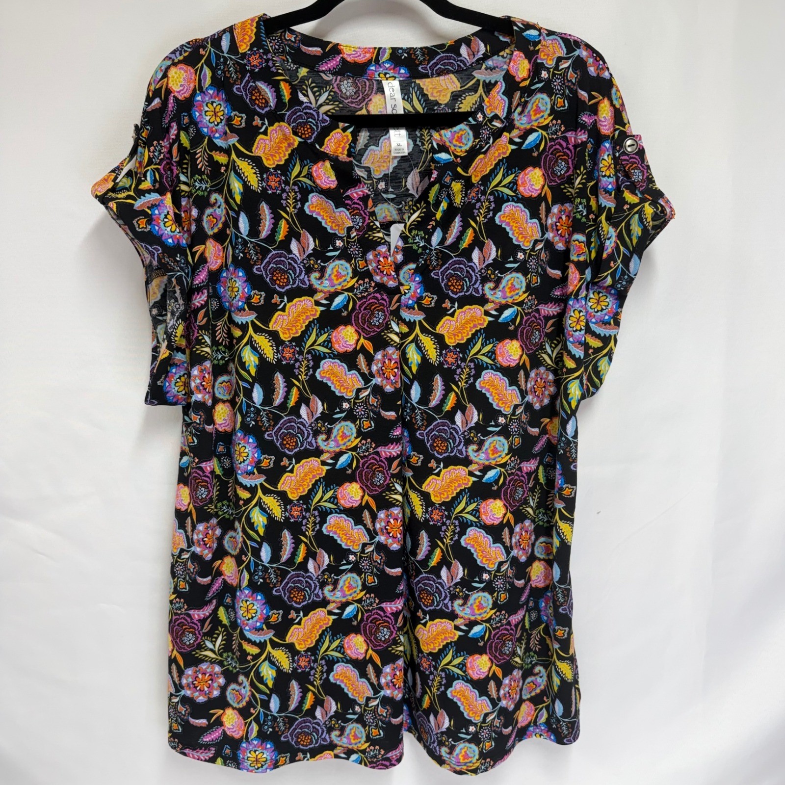 Dear Scarlett Floral Paisley Split Neck Button Tab Sleeve Top XL Boho Office