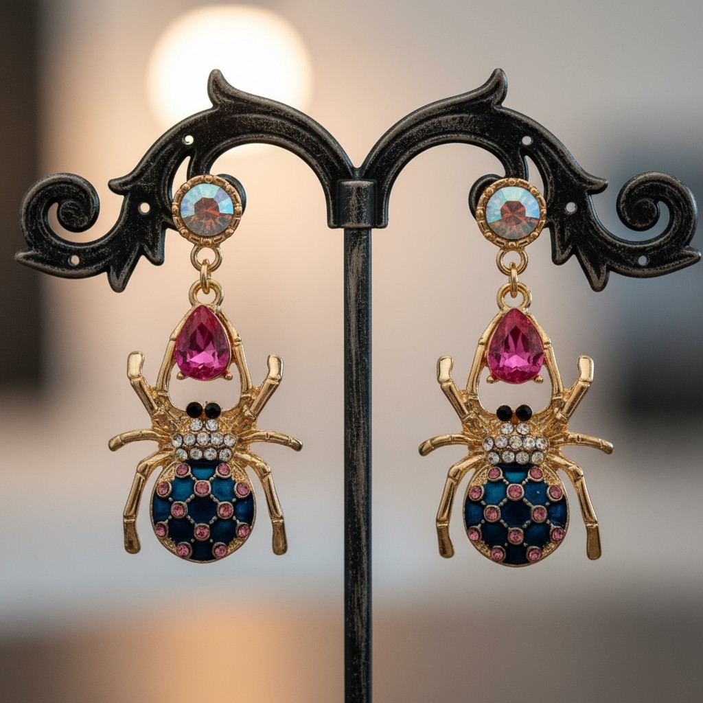 Betsey Johnson Spider Drop Earrings Crystal Accents