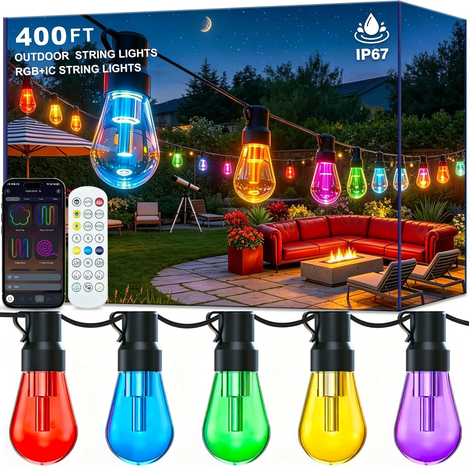 RGB+IC 400FT Outdoor String Lights Bulbs IP67 Waterproof LED Color Changing Smar RGB+IC 400FT Outdoor String Lights Bulbs IP67 Waterproof LED Color Changing Smar