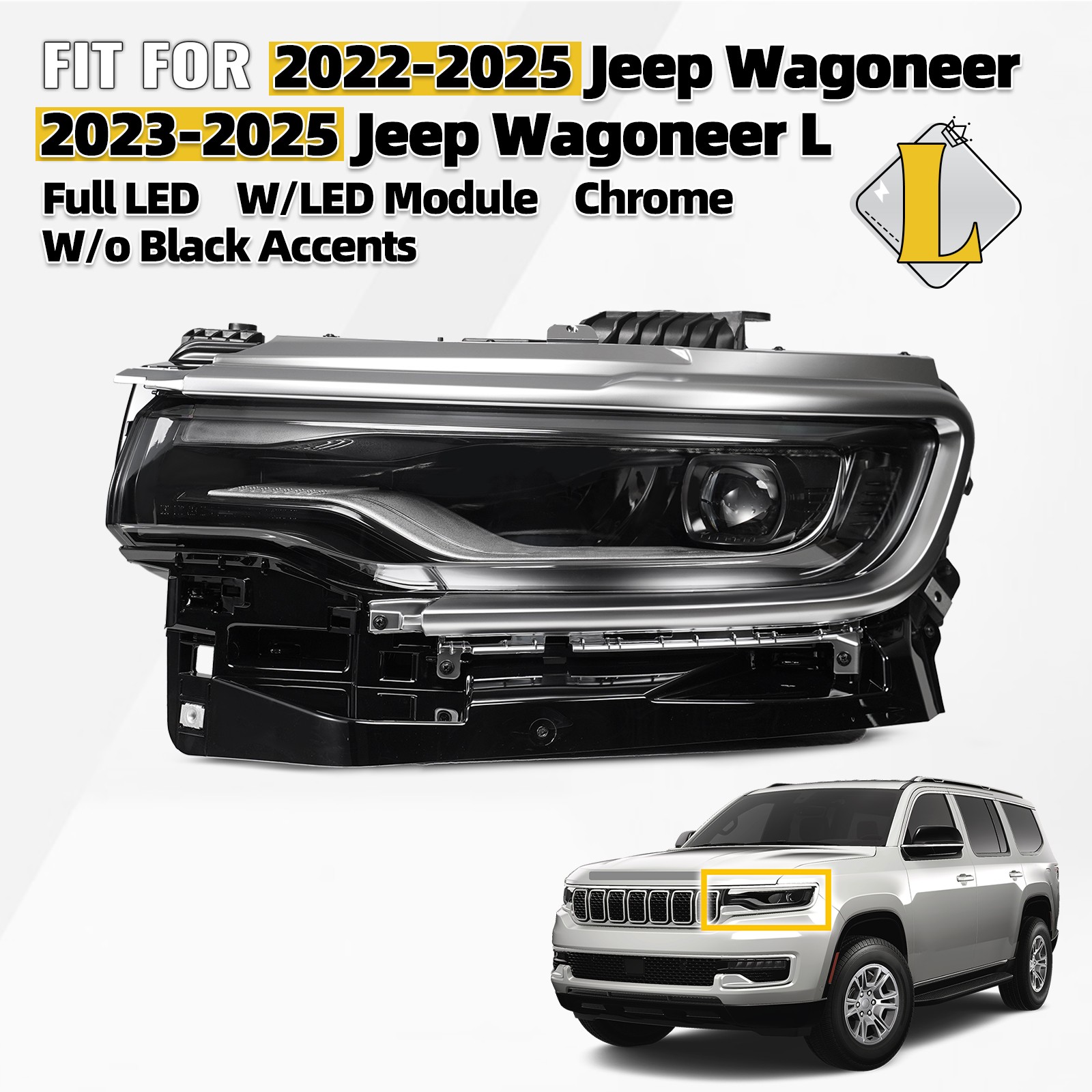For 2022-2025 Jeep Wagoneer Full LED Projector Chrome Headlight w/Module Left LH