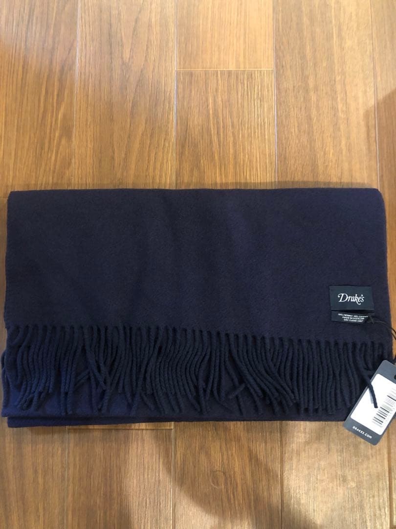 Drake\'s Rectangle Scarf Navy Cashmere Merino fringe With Tag Brand New Unused