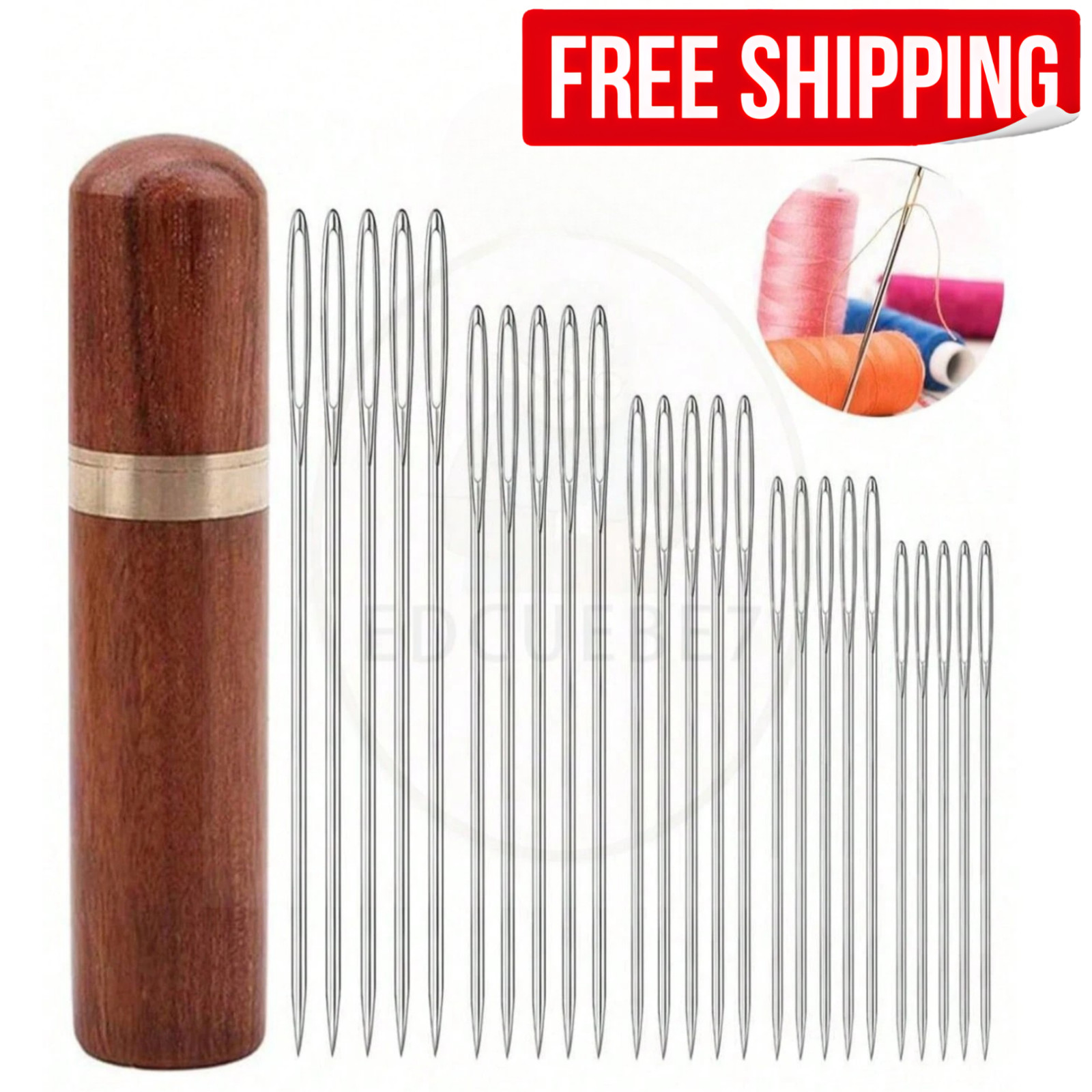 25Pcs Large Eye Sewing Needles Hand Stitching Needles with Solid Wooden Case US