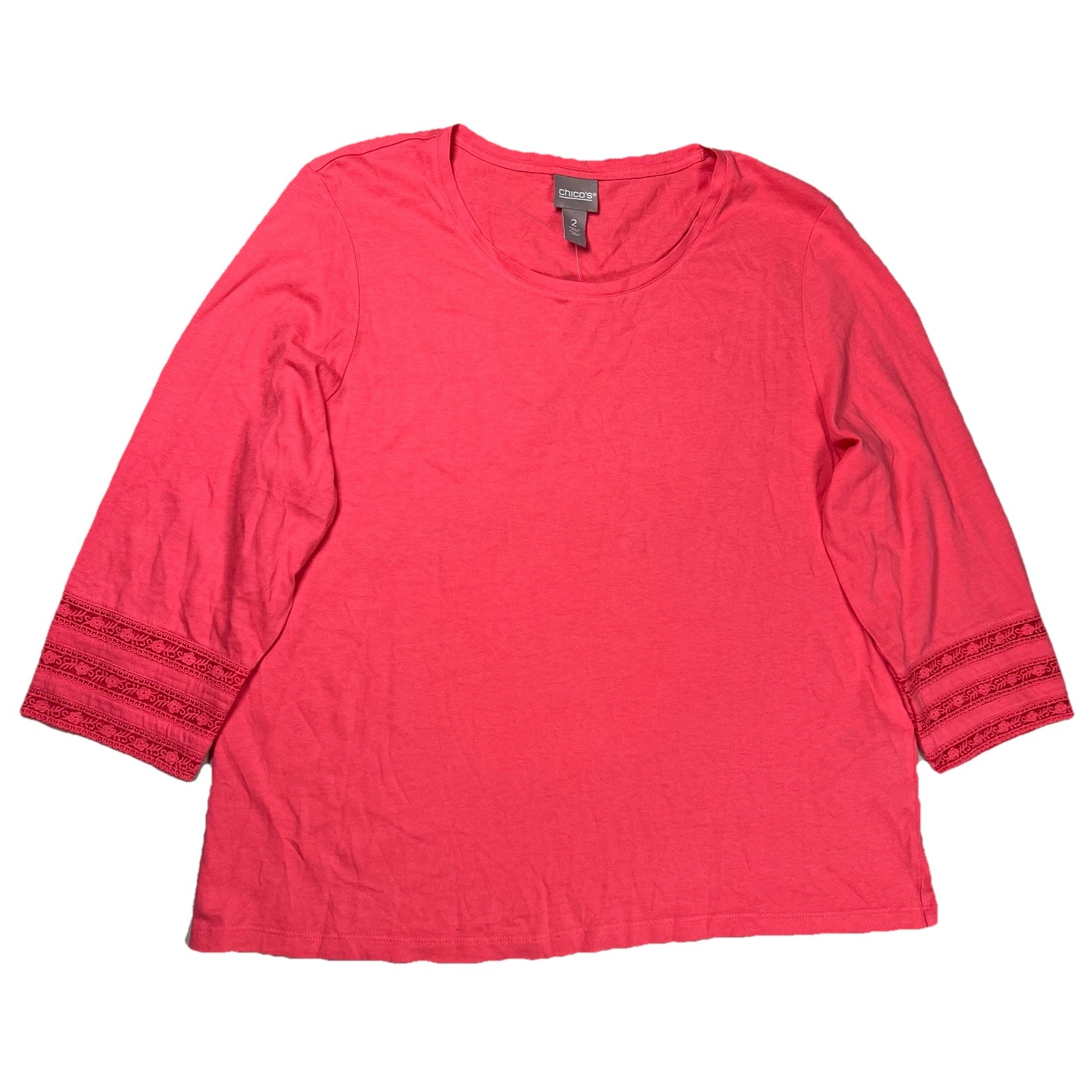 New Chico\'s Top Women\'s Sz 2 (US 12) Soutache Scoop Neck Coral 3/4 Sleeve NWT New Chico\'s Top Women\'s Sz 2 (US 12) Soutache Scoop Neck Coral 3/4 Sleeve NWT
