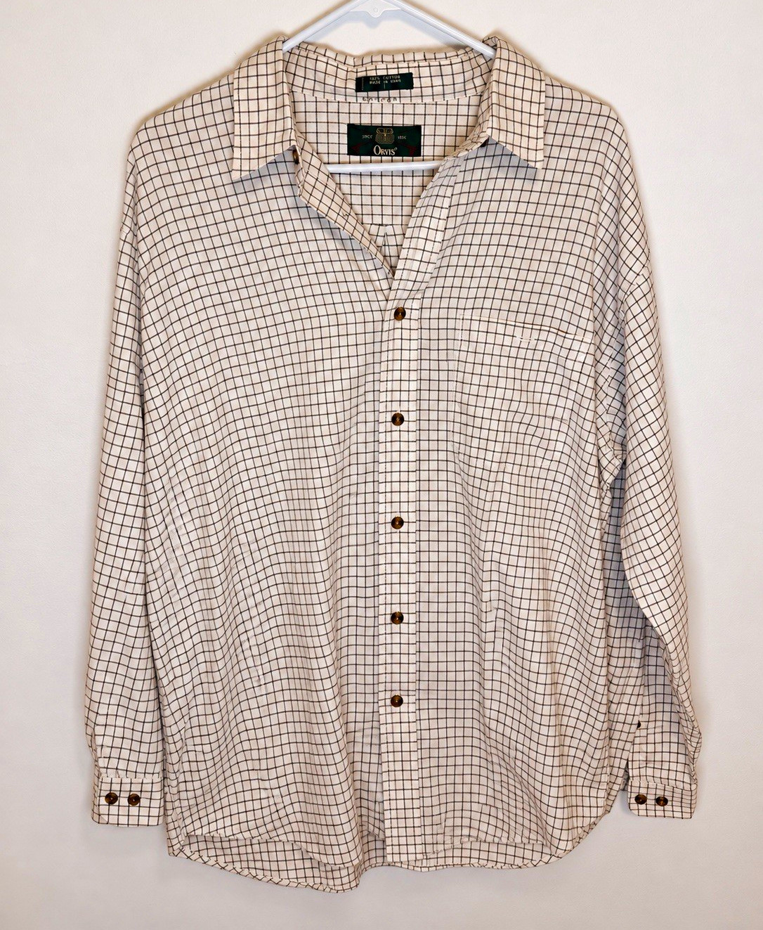Vintage Orvis Shirt Mens Made USA 100% Cotton Windowpane Check Long Sleeve