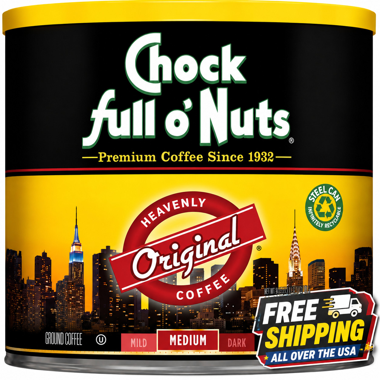 Chock Full o\'Nuts Original Medium Roast Ground Coffee Heavenly Coffee 30.5 oz