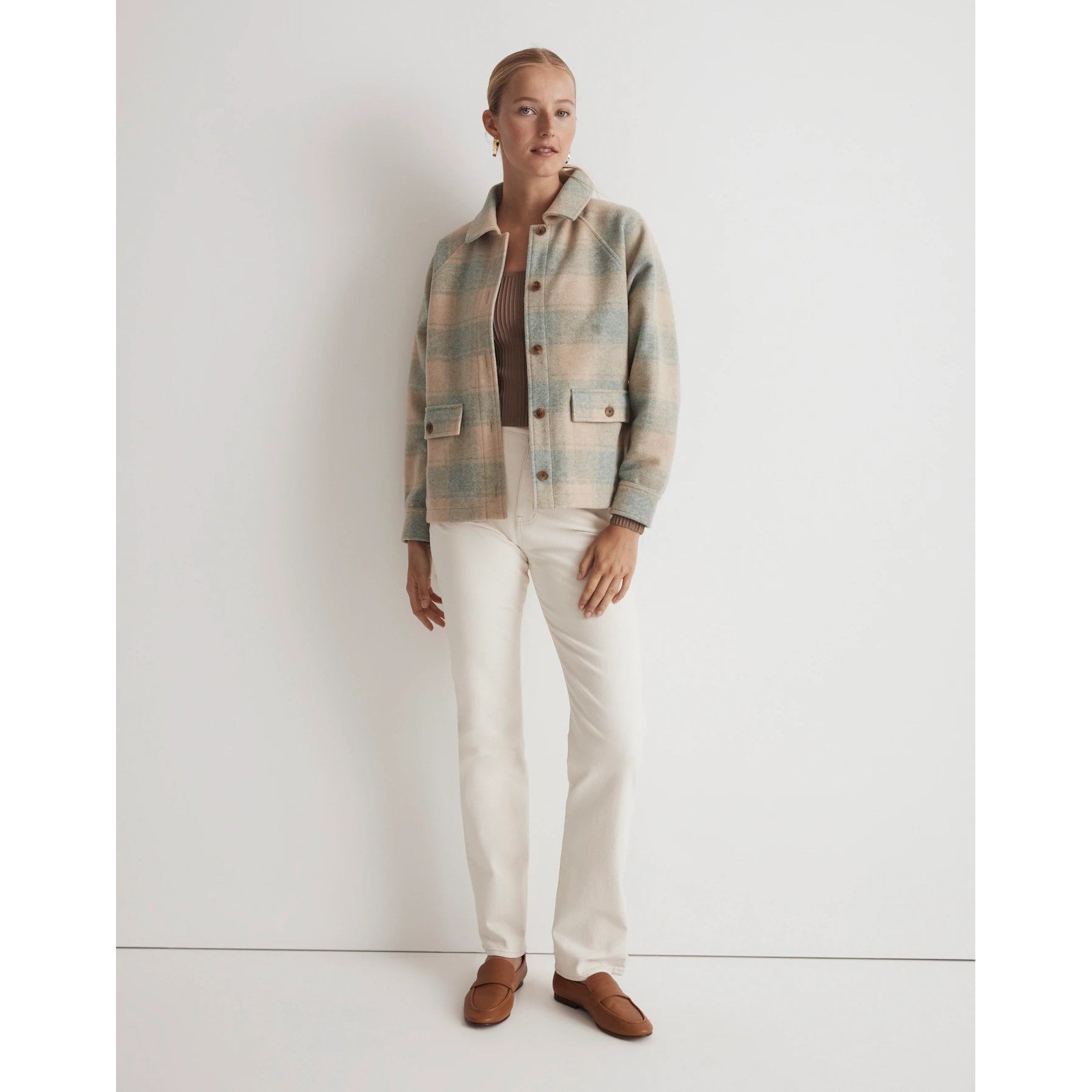 New Madewell Plaid Shirt Jacket Blue Tan Check Button Front Shacket NN262 XXS