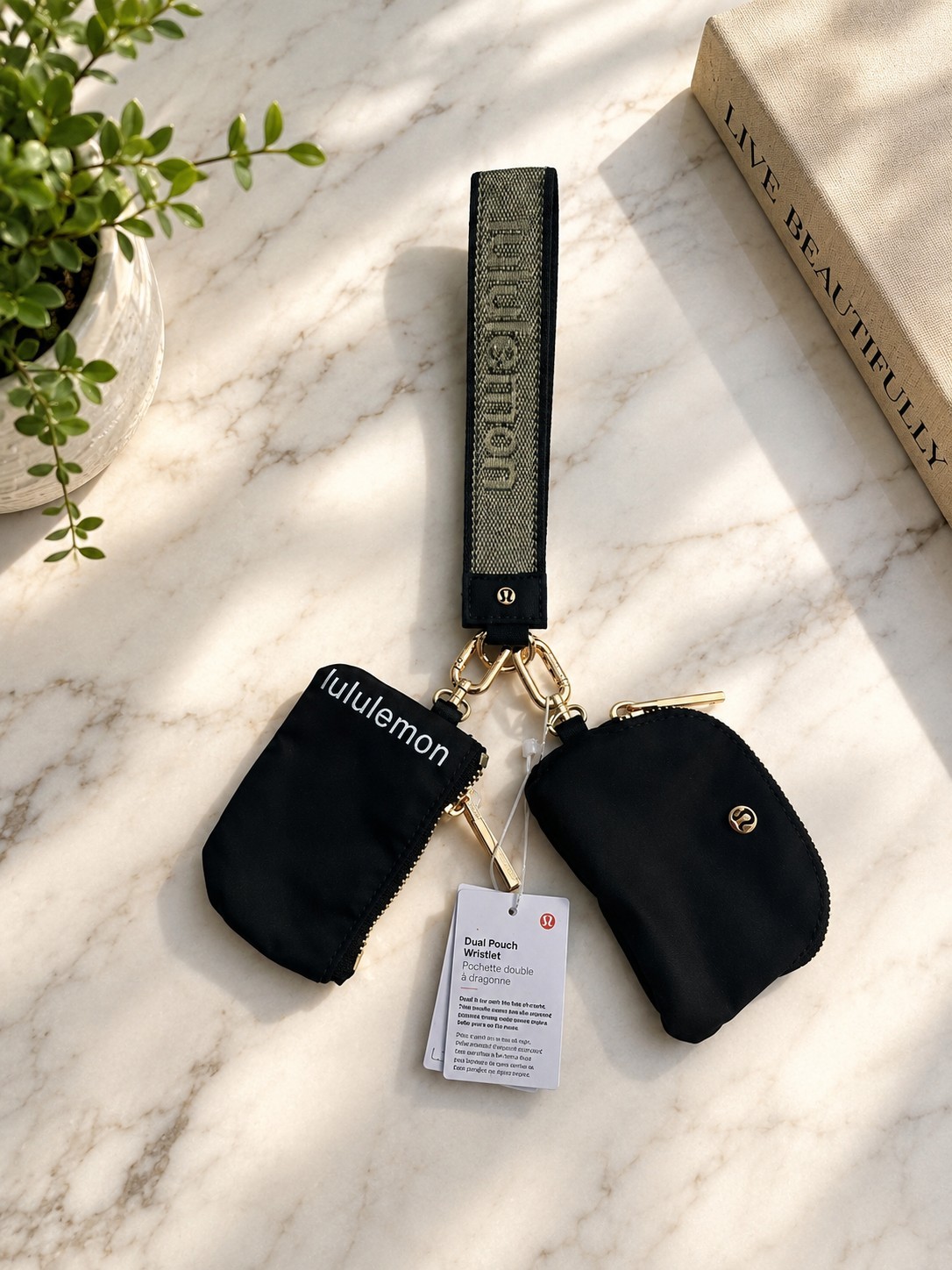 lululemon Dual Pouch Wristlet 3-Piece Set Wrist Strap Zipper Logo Black/Gold