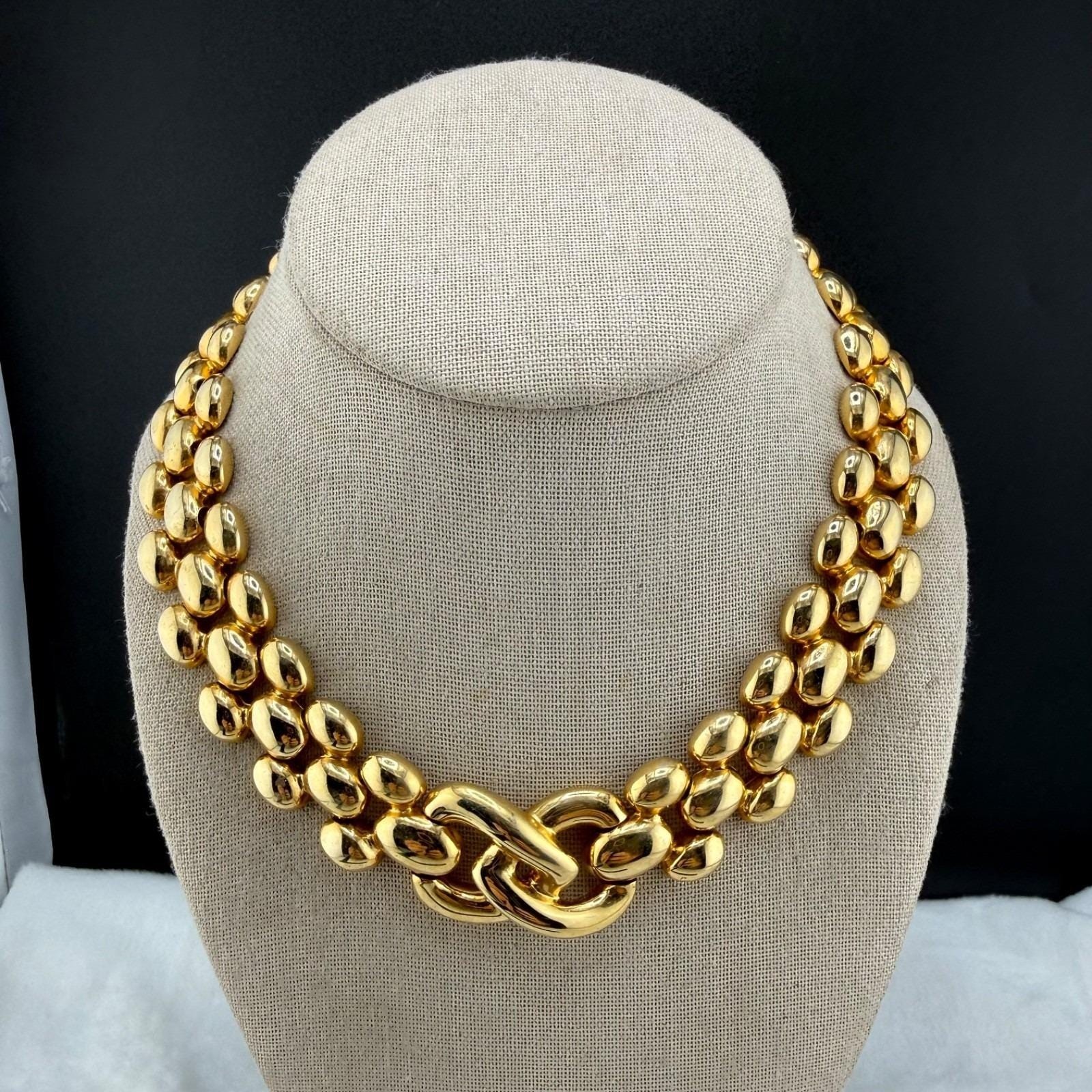 Vintage Keyes Necklace Gold Tone Chunky Double Row Bean Interlocking Knot 16in