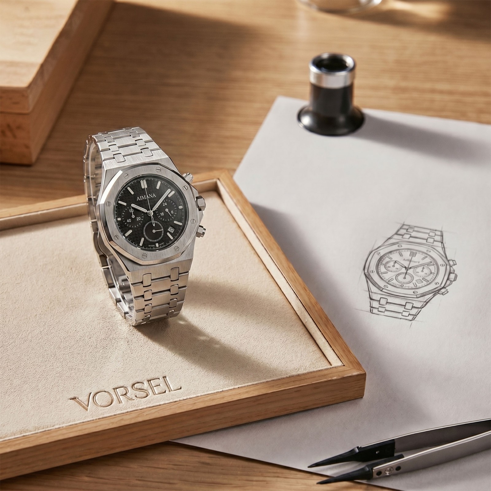 VORSEL Men\'s Octagonal Royal Oak Chronograph Watch Black Dial Stainless Steel VORSEL Men\'s Octagonal Royal Oak Chronograph Watch Black Dial Stainless Steel