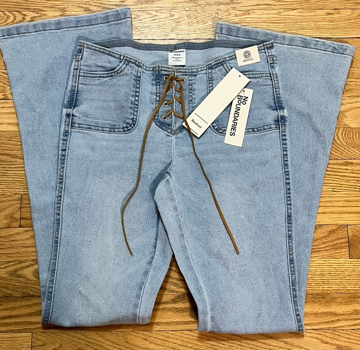 No Boundaries Lace Up Bootcut Jeans Blue Low Rise Light Wash Size XS 0-2 New