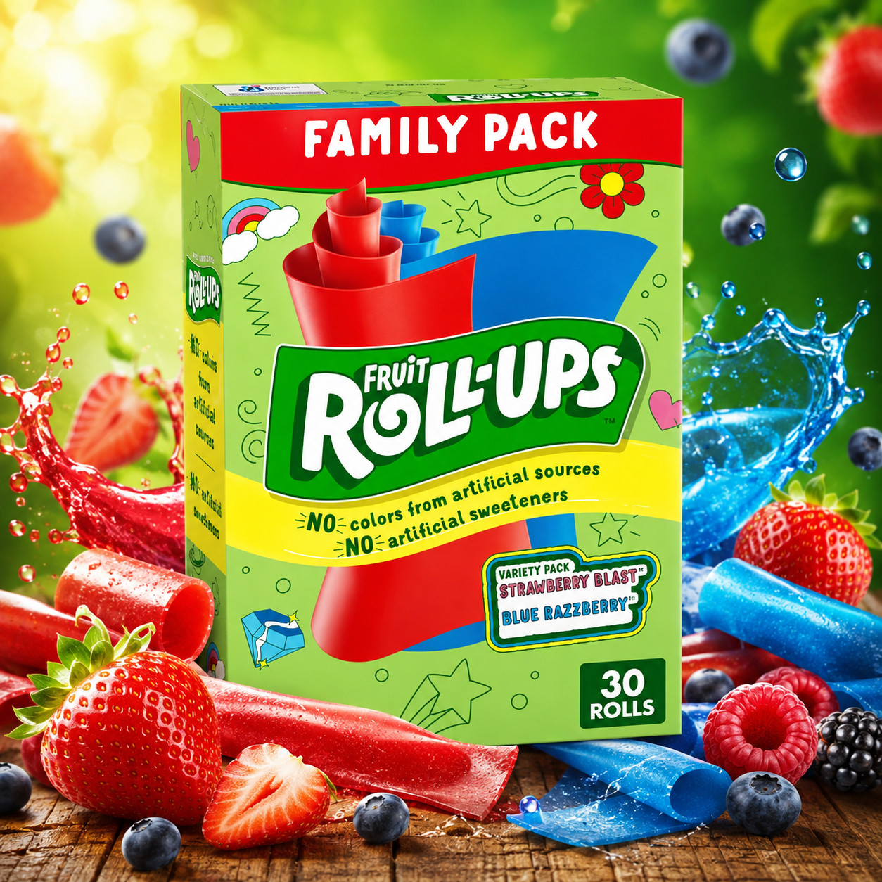 Fruit Roll-Ups Variety Pack 30 Rolls Strawberry Blast Blue Raspberry Fruit Snack