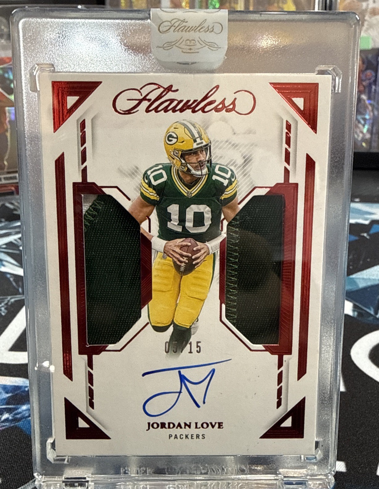 Panini 2023 Flawless Jordan Love Packers Dual Patch Auto Ruby DPA-5 /15 Panini 2023 Flawless Jordan Love Packers Dual Patch Auto Ruby DPA-5 /15