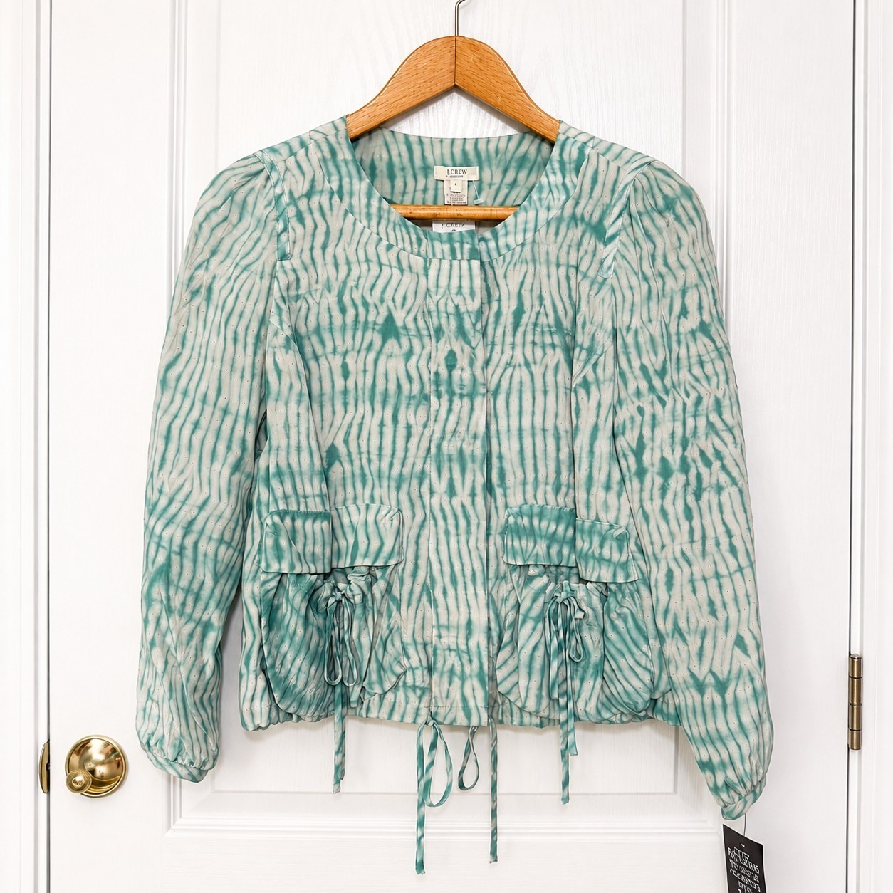 J.Crew Collection Silk Mirage Jacket Womens 6 Teal Green Bow Tie Pockets NWT