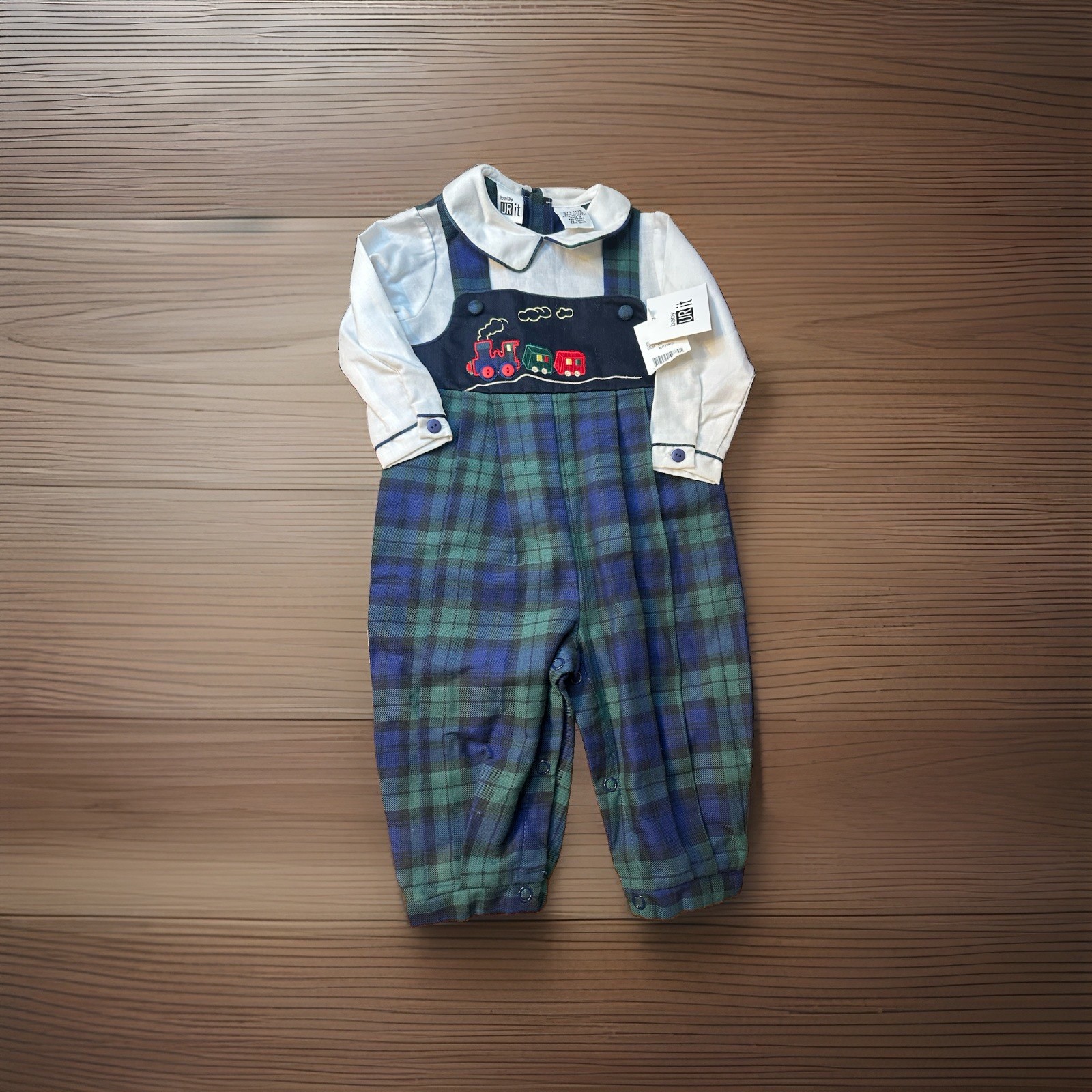 NWT Vintage Ur It Boy Christmas Outfit Overalls Train Tartan Plaid 6-9 Months 