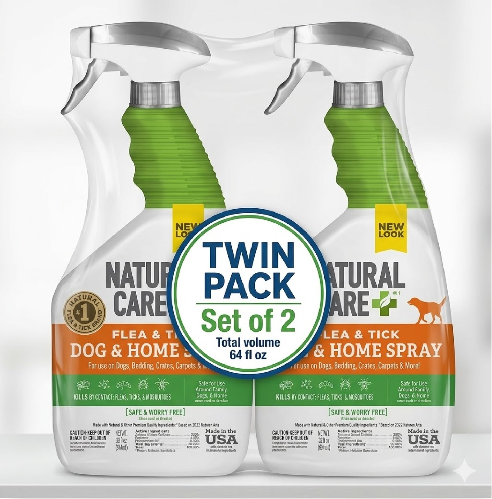 2 PK Natural Care+ Flea & Tick Home Spray 32oz Plant Based for Dogs & Home
