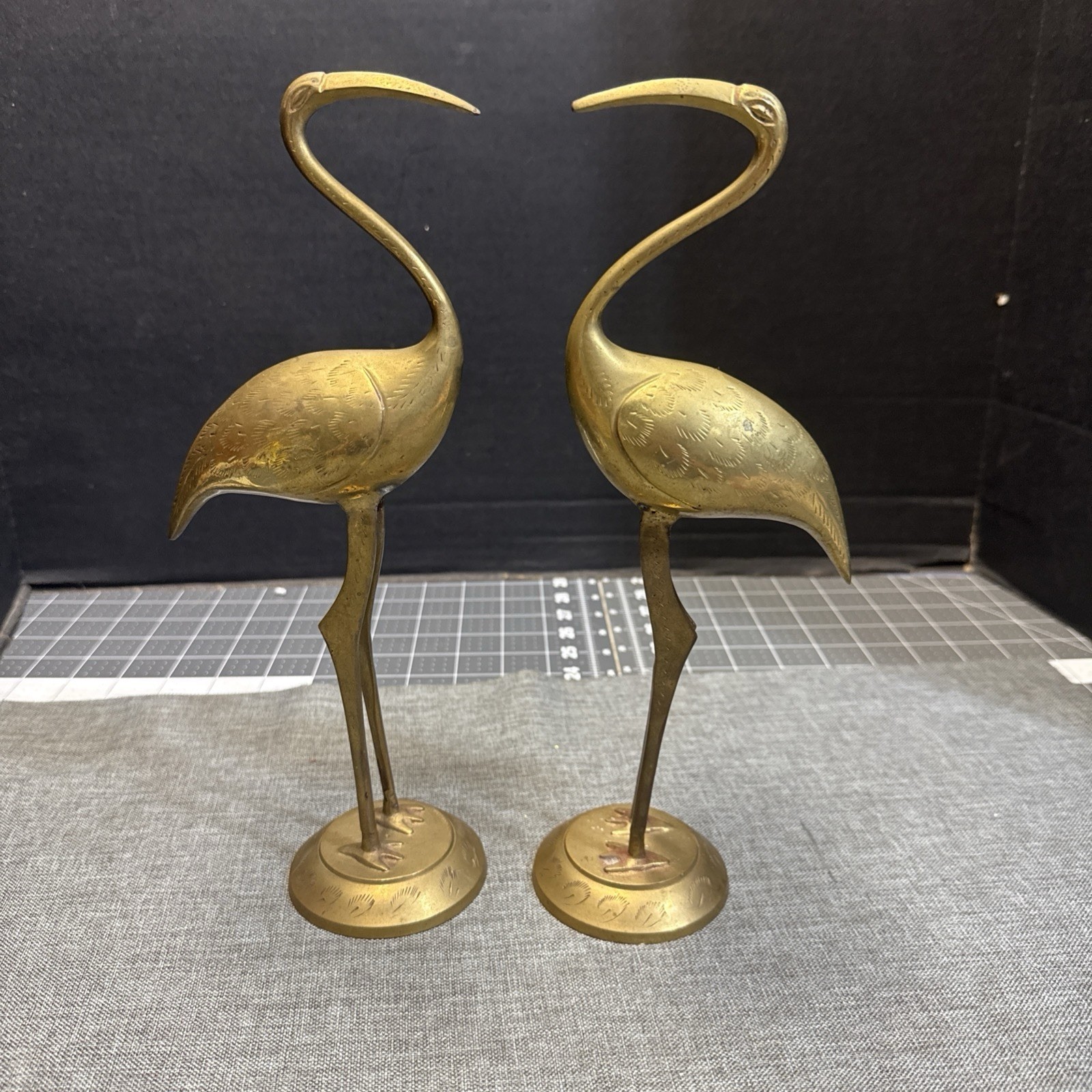 2 Lrg Brass Crane Egret Heron BIRDS Figurines on Pedestal 12”Tall Pair MCM Vtg