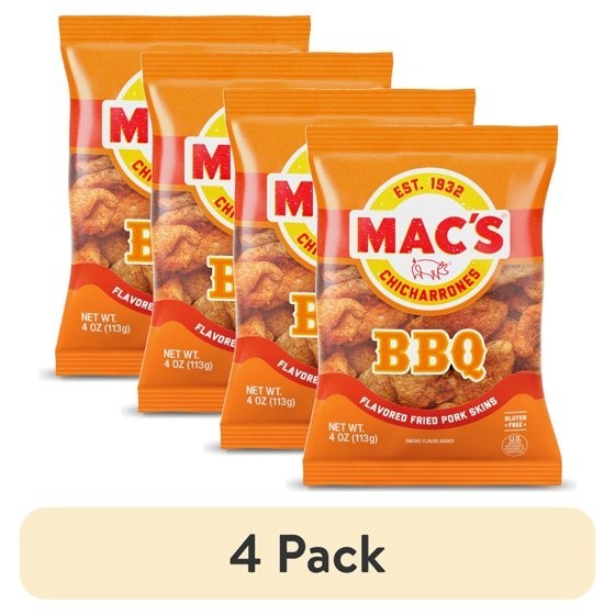 (4 pack) Mac\'s BBQ Chicharrones Pork Rinds, Pork Skins, 4 oz Bag (4 pack) Mac\'s BBQ Chicharrones Pork Rinds, Pork Skins, 4 oz Bag