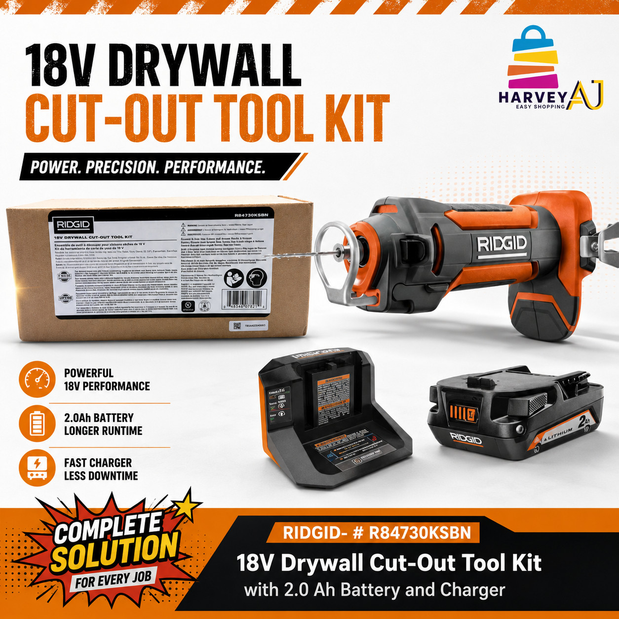 RIDGID-R84730KSBN 18V Drywall Cut-Out Tool Kit with 2.0 Ah Battery and Charger