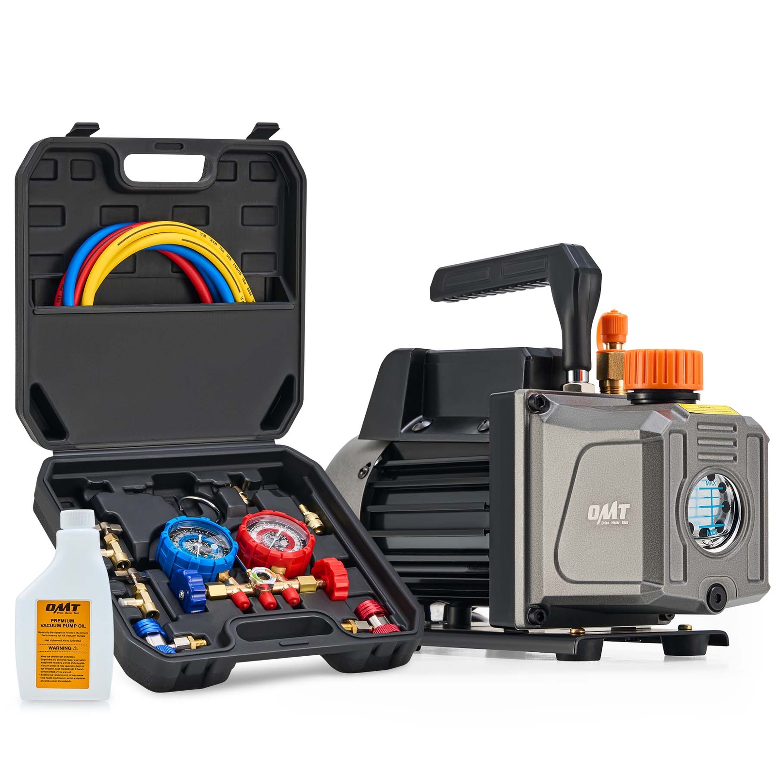 OMT Combo 1/3HP 4CFM Air Vacuum Pump MANIFOLD GAUGE Set HVAC AC Refrigerant Kit OMT Combo 1/3HP 4CFM Air Vacuum Pump MANIFOLD GAUGE Set HVAC AC Refrigerant Kit