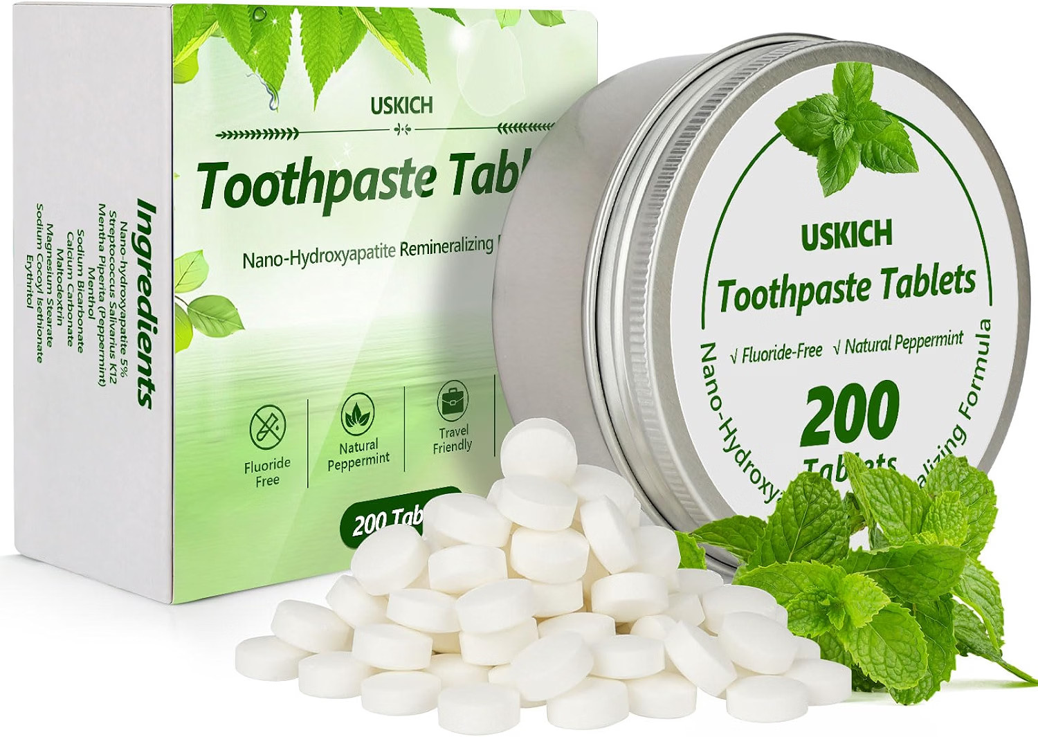 Whitening Toothpaste Tablets 200 Count - Nano Hydroxyapatite Fluoride Free Tabs.